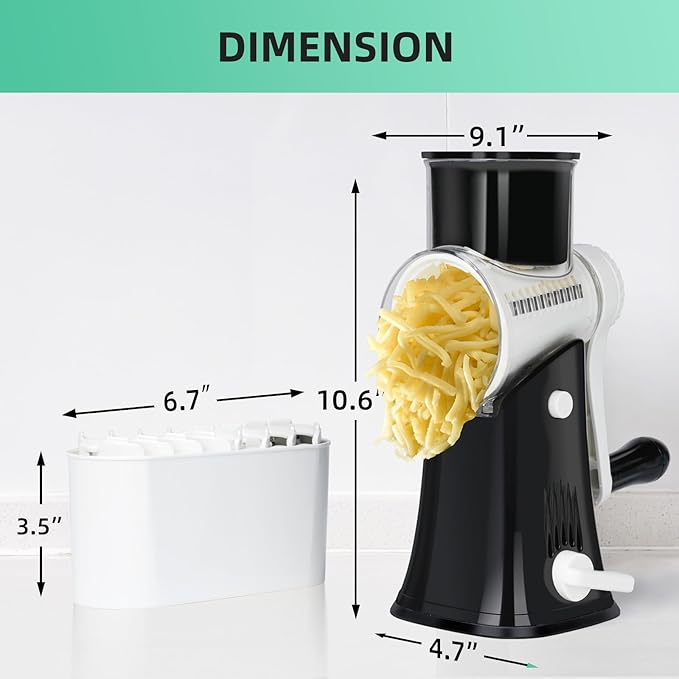 REDPANT 5 in 1 Rotary Cheese Grater, Manual Hand Crank Cheese Grater With Reinforced Suction & 5 Interchangeable Blades, Multifunctional Cheese Shredder, Easy to Use and Clean, Black