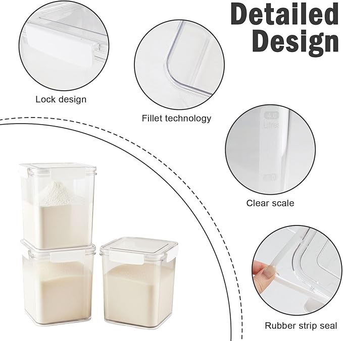 Set Of 3 Large Food Storage Jars 4L - Airtight Containers with Lids,Sugar and Flour Containers Set with Spoon,Kitchen Canisters for Sugar,Flour, Coffee,Pantry Organization Keeper(Clear-3 Pack)