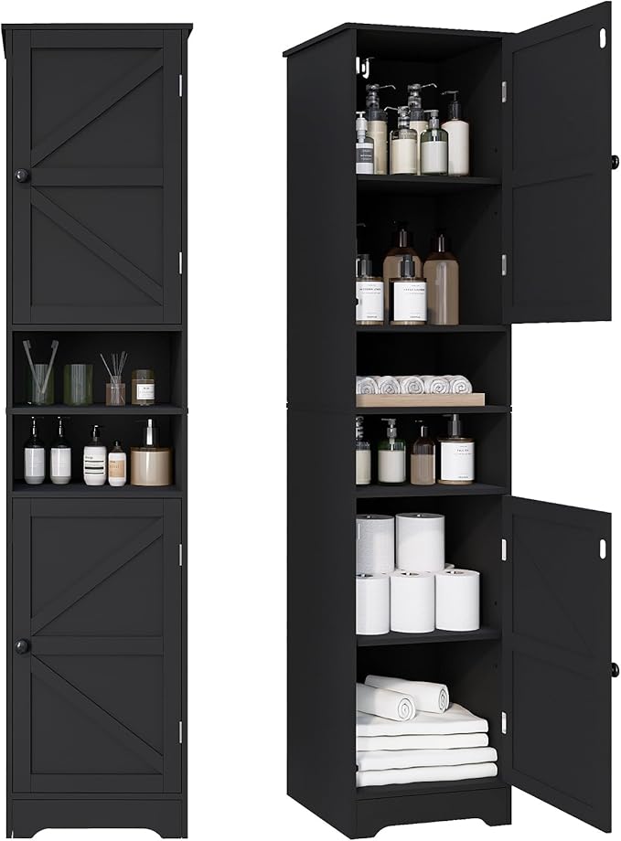 Viaozutis Tall Bathroom Storage Cabinet, Vertical Freestanding Organizer with Adjustable Shelf, Slim Design for Small Bathrooms, Towels & Toiletries Storage Black