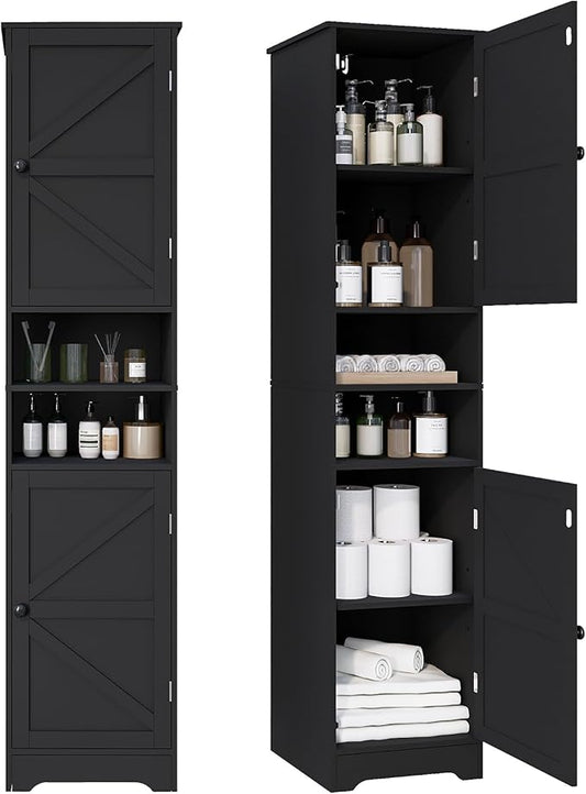 Viaozutis Tall Bathroom Storage Cabinet, Vertical Freestanding Organizer with Adjustable Shelf, Slim Design for Small Bathrooms, Towels & Toiletries Storage Black