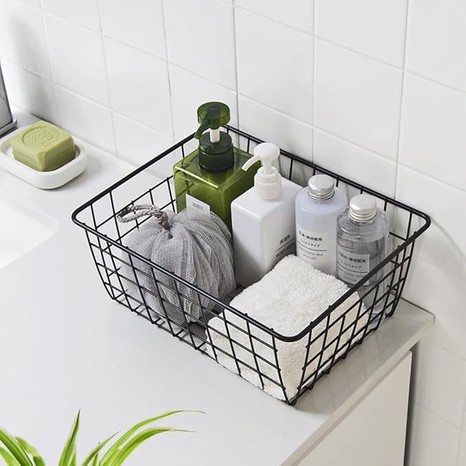 Aeggplant Kitchen Wire Baskets Farmhouse Decor Metal Food Storage Organizer,Household Refrigerator Bin with Built-in Handles for Cabinets,Pantry,Bathroom,Black
