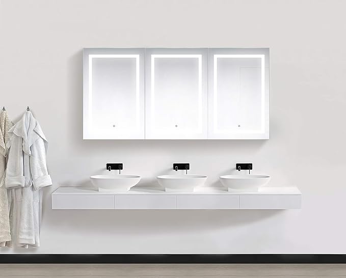 Krugg LED Medicine Cabinet 72 Inch X 36 Inch | Recessed or Surface Mount Mirror Cabinet w/Dimmer & Defogger + 3X Makeup Mirror Inside & Outlet + USB(Left Left Right)