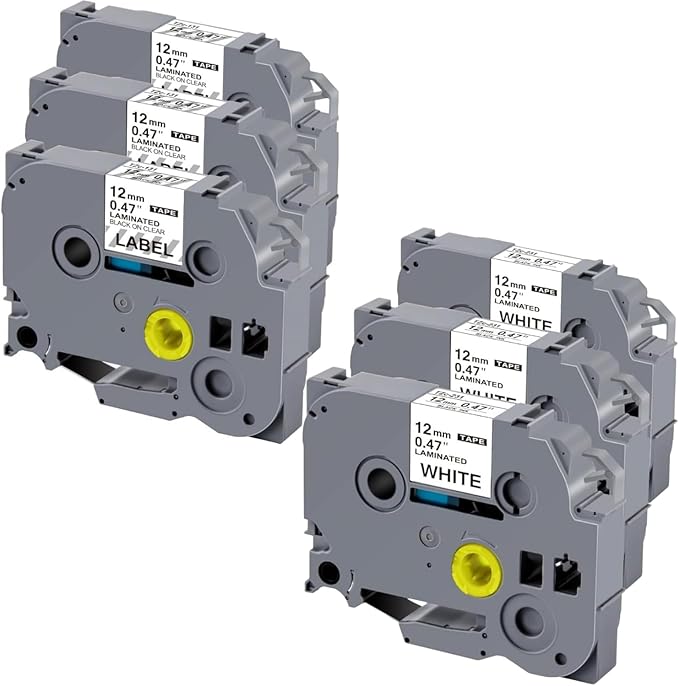 Weemay 6 Pack 12mm 0.47 Inch TZe TZ Label Compatible for Brother Laminated Black on Clear and White Tape TZe-131 for P-Touch PTD220 PTD600 PT-D410 PTH110BP Label Maker, 1/2 inch x 26.2 ft