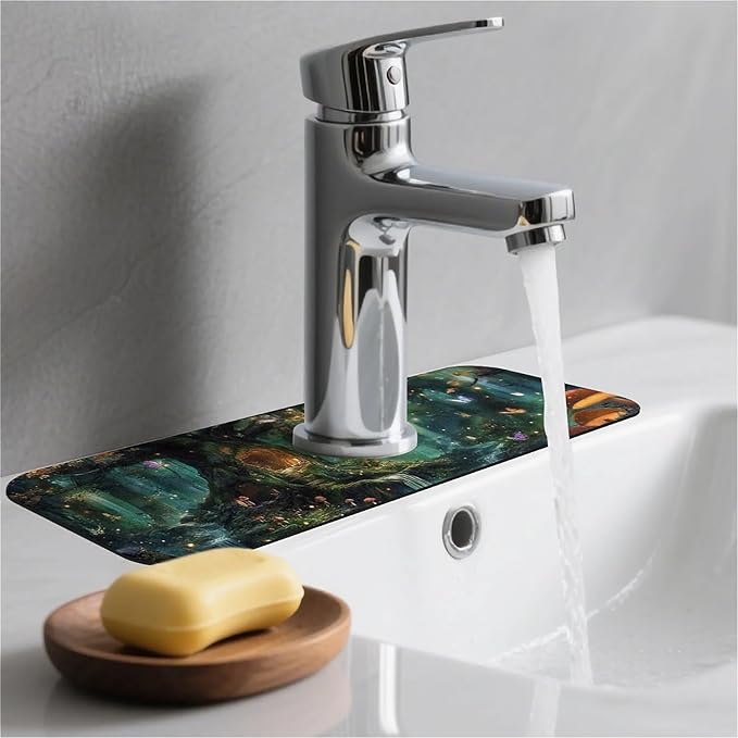 Kitchen Sink Splash Guard，Magical fairy tale forest Faucet Mat Sink Gadgets-Super Absorbent Fast Drying Mat Drip Catcher for Kitchen, Bathroom,Sink Mat, Dish Drying Mat, Bathroom(15" X 5.5" )