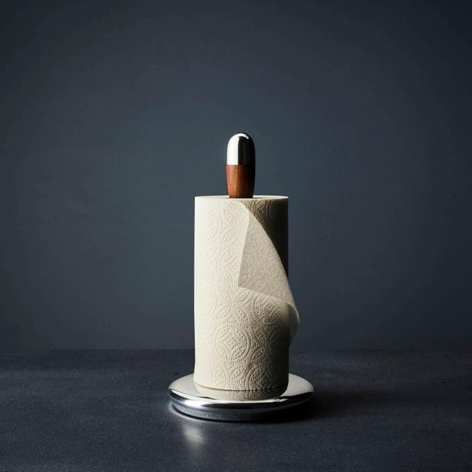 nambe Curvo Paper Towel Holder | Wooden Paper Towel Stand for Countertop | Kitchen Roll Holder with Weighted Base | Made of Acacia Wood and Metal Alloy | 7.5 x 13 Inch