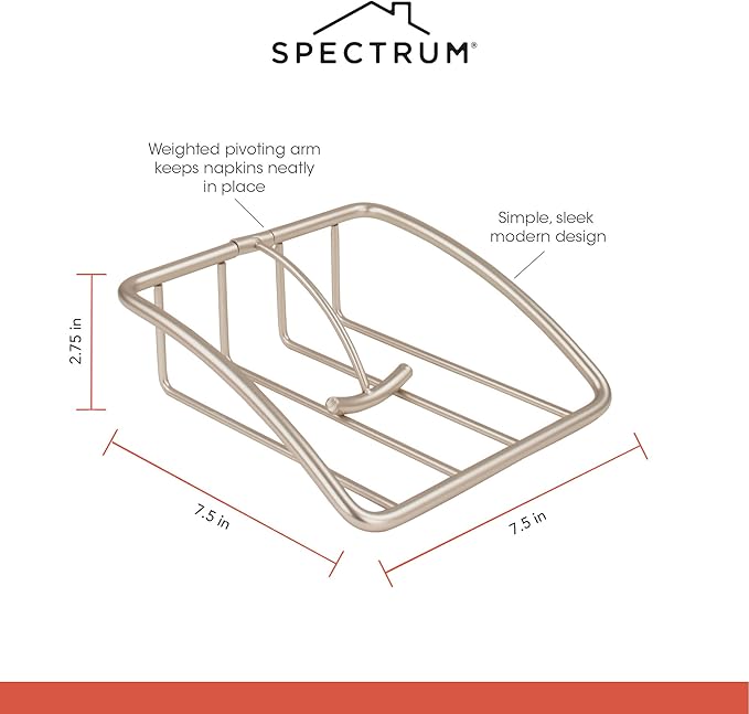 Spectrum Euro Napkin Holder for Table Kitchen Organizer for Counter Dining Room Table, Modern Sturdy Metal Flat Napkin Dispenser with Weighted Tension Arm Home for Paper Cocktail Napkin, Satin Nickel