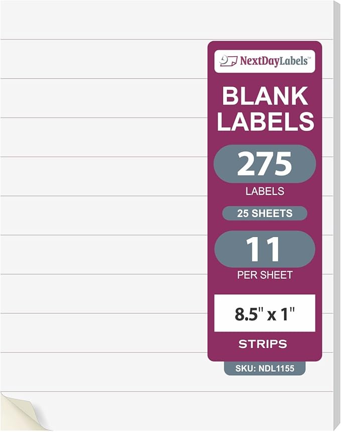 NextDayLabels 8.5x1 Inch Strip Stickers White Blank Labels for Laser Inkjet Printer - 11 Per Sheet Self-Adhesive Unique Size Label Made in USA - 275 Labels