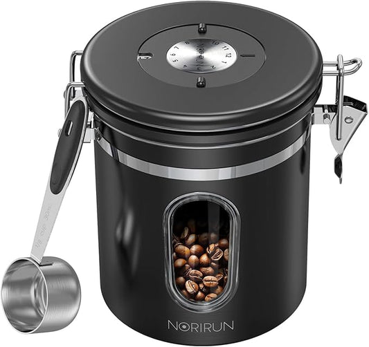 Coffee Canister with Window, 22oz Stainless Steel Airtight Container for Coffee Beans, Grounds, Tea, Sugar, Flour, Cereal - Includes Date Tracker & Scoop