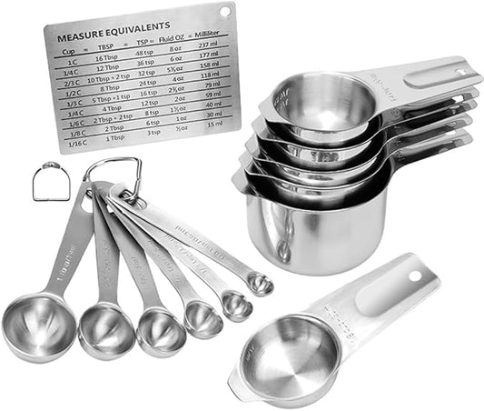 KUBEMUEG Measuring Cups and Spoons Set Heavy Duty 304 Metal Stainless Steel Measuring Cup Spoon Kitchen Gadgets for Cooking Baking (Set of 15)