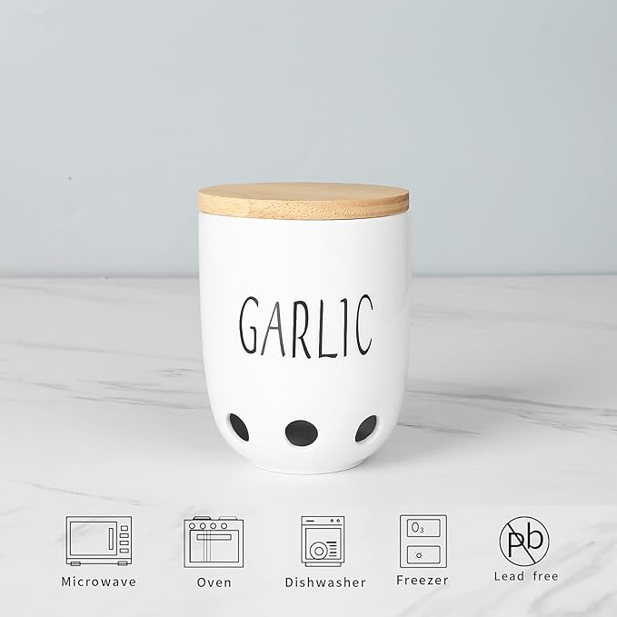 HAOTOP Ceramic Garlic Keeper for Counter, Garlic Saver Container with Wood Lid, Garlic Keeper for Kitchen, Garlic Holder to Keep Your Garlic Cloves Fresh Longer (White)