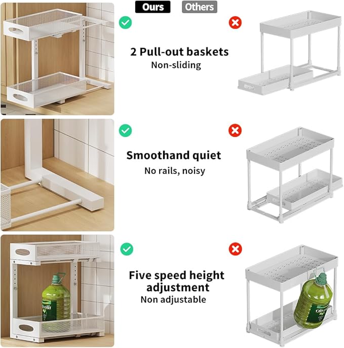 WROBTLD Under Sink Organizer, 2-Tier Pull Out Cabinet Organizer with Adjustable Height, Use in Kitchen Bathroom Cabinet and Countertop Storage, White