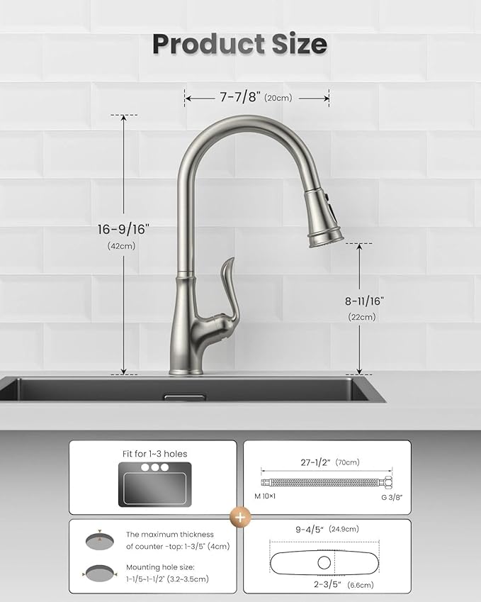 APPASO Patented Brushed Nickel Kitchen Faucet, Single Handle Kitchen Faucet with Pull Down Sprayer, Stainless Steel High Arch, cUPC-Certified Pull-Out Hose, Water Supplies & Valve