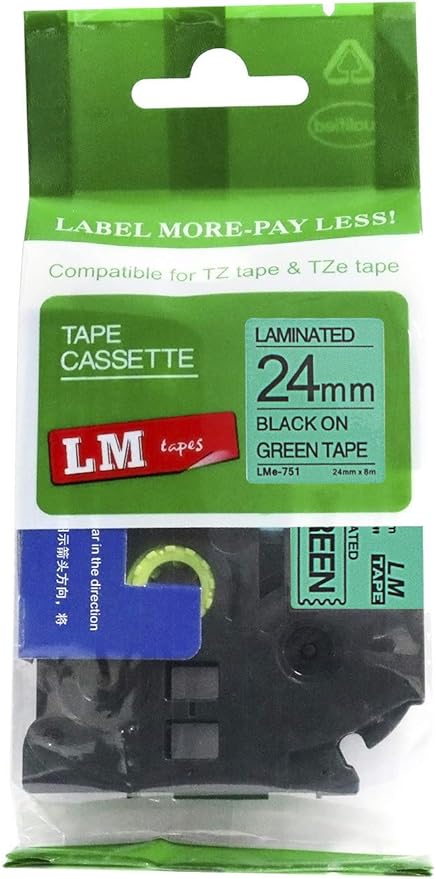 1/Pack LM Tapes - LMe751 Premium 1" Black Print on Green Label Compatible with Brother TZe-751 P-Touch and Includes Tape Color/Size Guide. Replaces TZ-751 24mm 0.94 Laminated Ptouch.