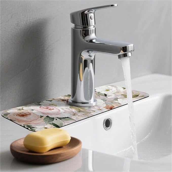 Kitchen Sink Splash Guard，blush pink white rose Faucet Mat Sink Gadgets-Super Absorbent Fast Drying Mat Drip Catcher for Kitchen, Bathroom,Sink Mat, Dish Drying Mat, Bathroom(15" X 5.5" )