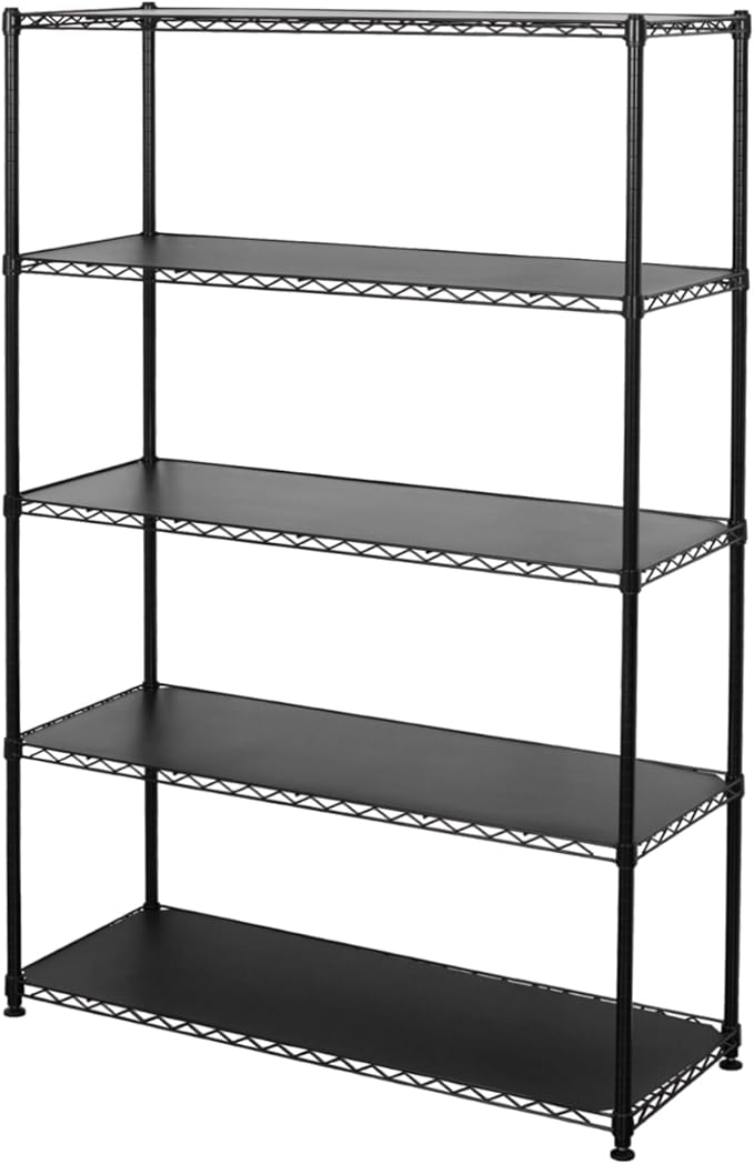 SafeRacks - NSF Certified Storage Shelves, Zinc, Heavy Duty Steel Wire Unit with Adjustable Feet, Garage or Bakers Rack, Kitchen, Pantry Shelf - (48"x18"x72" 5-Tier) (Black)