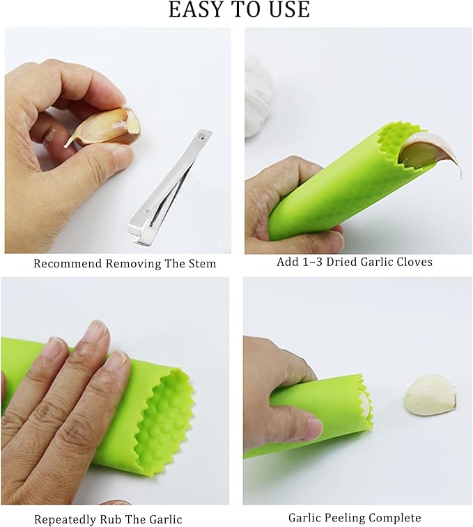 MANJIA Garlic Press and Peel Set Stainless Steel- Rust Proof Garlic Mincer Tool - Easy-Squeeze, Easy-Clean Silicone Garlic Peeler & Brush (Green)