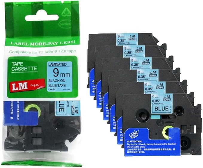 6/Pack LM Tapes - LMe-521 Premium 3/8" Black Print on Blue Label Compatible with Brother TZe521 Tape and Includes Tape Color/Size Guide. Replaces TZ-521 9mm 0.35 Laminated.