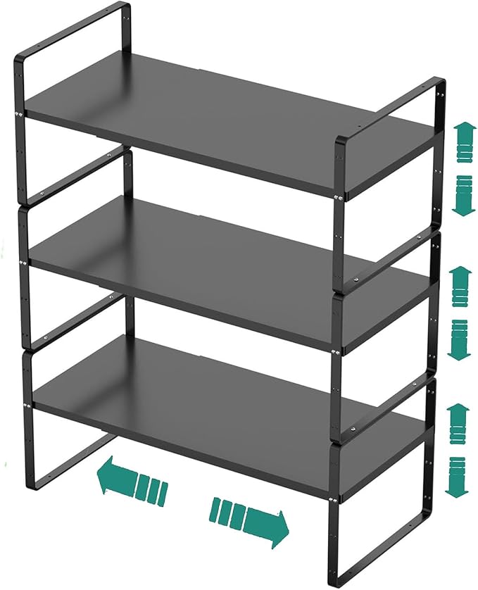 SUZLON Expandable Cabinet Shelf Organizer Rack, Stackable Kitchen Counter Storage Shelves Stand, Adjustable Height Pantry Shelf Spice Rack, Heavy Duty Nonslip Black Large 3Pack