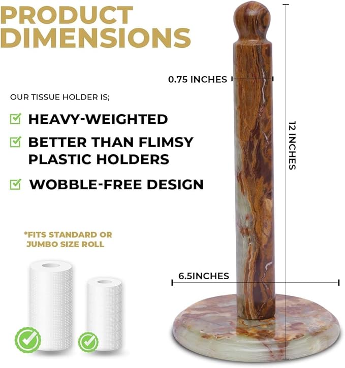 Marble Kitchen Paper Towel Rack Holder Handmade Paper Roll Holder with Stand Non-Slip - Wrapping Paper Holder for Kitchen Countertop, Cabinet & Bathrooms - Hand Towel Rack Standup Holder (Onyx Green)