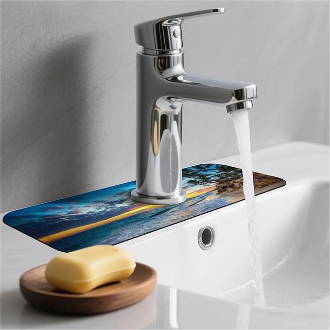 Kitchen Sink Splash Guard，Sunrise over the beach Faucet Mat Sink Gadgets-Super Absorbent Fast Drying Mat Drip Catcher for Kitchen, Bathroom,Sink Mat, Dish Drying Mat, Bathroom(15" X 5.5" )