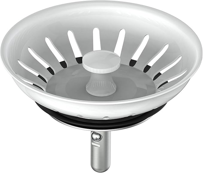 KANARY Kitchen Sink Basket Strainer Replacement for Standard Drains (3-1/2 Inch) Stainless Steel Body with Rubber Stopper (Single, White)