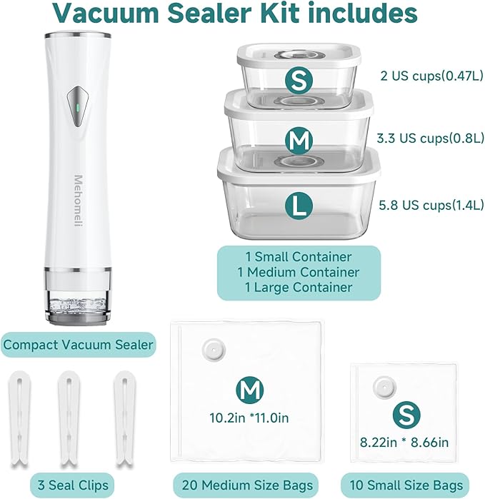 Compact Vacuum Sealer for Food (Vacuum Sealer Machine+3 Glass Vacuum Containers+30 Reusable Vacuum Bags),Powerful Handheld Vacuum Seal Machine,Seal Meal Saver,Portable Food Sealer,Easy-Clean