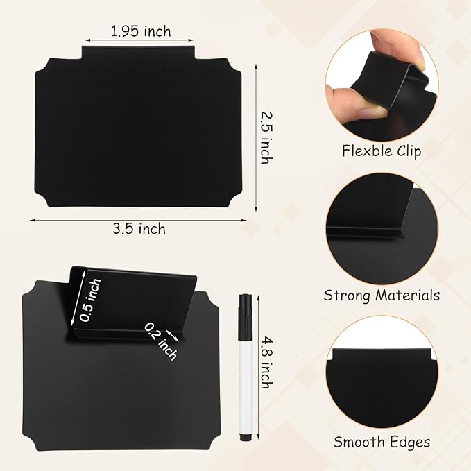 50 Pcs Basket Labels Clip on with 4 Black Chalk Markers Reusable Plastic Storage Bin Erasable Labels Kitchen Pantry PVC Tag Stickers for Fabric Cubes Basket Box Organization (White and Black)