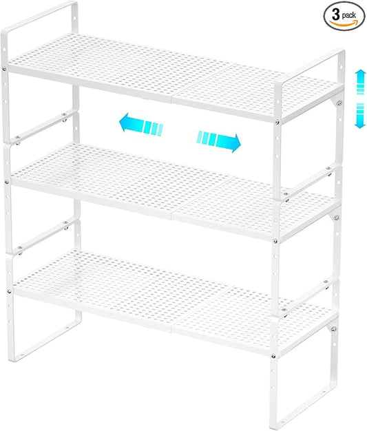 Redrubbit Large Expandable Cabinet Storage Shelf, Adjustable Height Steel Metal Kitchen Counter Organizers Shelves Spice Rack for Kitchen Pantry Bathroom Cupboard Desk Home Office, White-3 Pack