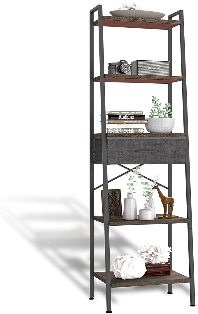 Whitmor 5-Tier Bookshelf with Drawer, Tall Narrow Bookcase with Wood Shelves & Metal Frame, Modern Display Storage Shelf for Living Room, Bedroom, Bathroom, Kitchen, Black