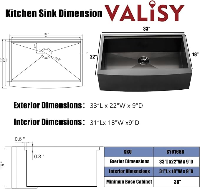 Black Farmhouse Sink 33 Inch - VALISY 33x22 Apron Front Farmhouse Kitchen Sinks 16 Gauge Stainless Steel Undermount Ledge Workstation Deep Single Bowl Luxury Rustic Farm Sinks with All Accessories.