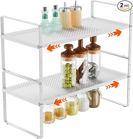 DPZM 2Pack 16.5-27’’L Expandable Stackable Cabinet Shelves, Adjustable Spice Rack Cabinet Shelf Organizer for Kitchen, Countertop, Pantry and Cupboard, White