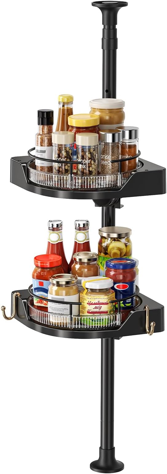 Kitchen Tension Pole Caddy, 19-39 Inch Adjustable No Drilling Countertop Organizer, 2 Tier 360 Rotating Corner Spice Rack for Salt with 2 Hooks for Kitchen, Spice Rack, Coffee Area(Black)