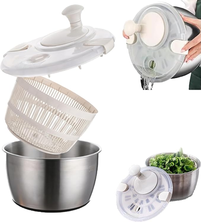 6L Stainless Steel Salad Spinner, Salad Spinner Large,Lettuce Spinner, Quick Spin for Drying Vegetables, Vegetable Dryer, Fruit Washer, Pasta & Fries Produce Strainer A Must-Have for Your Kitchen