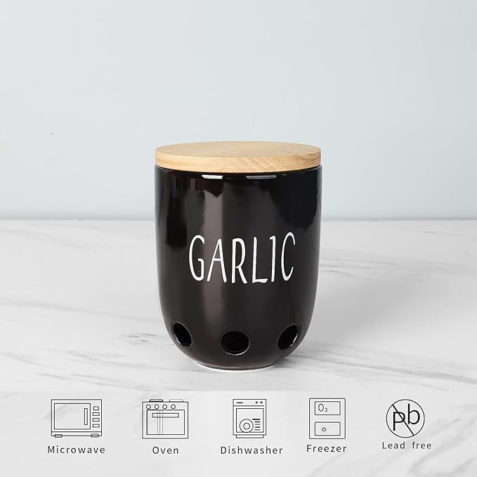 HAOTOP Ceramic Garlic Keeper for Counter, Garlic Saver Container with Wood Lid, Garlic Keeper for Kitchen, Garlic Holder to Keep Your Garlic Cloves Fresh Longer (Black)