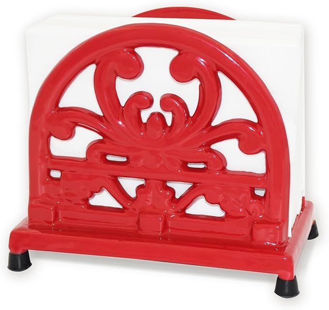 MINLUFUL Vintage Cast Iron Napkin Holder for Table, Upright Paper Napkins Dispenser for Kitchen Restaurant Cocktail Bar with Red Flower Pattern Decor