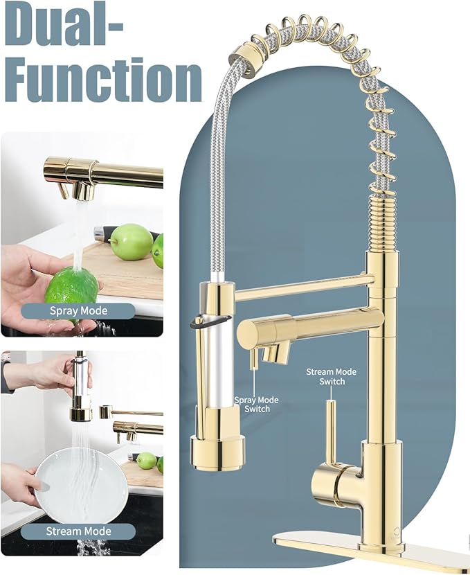Gold Kitchen Faucet, Kitchen Faucet with Soap Dispenser, Kitchen Sink Faucet with Dual Function Spray Head and Deck Plate, 4 Hole Camper Farmhouse RV Sink Faucet with Sprayer