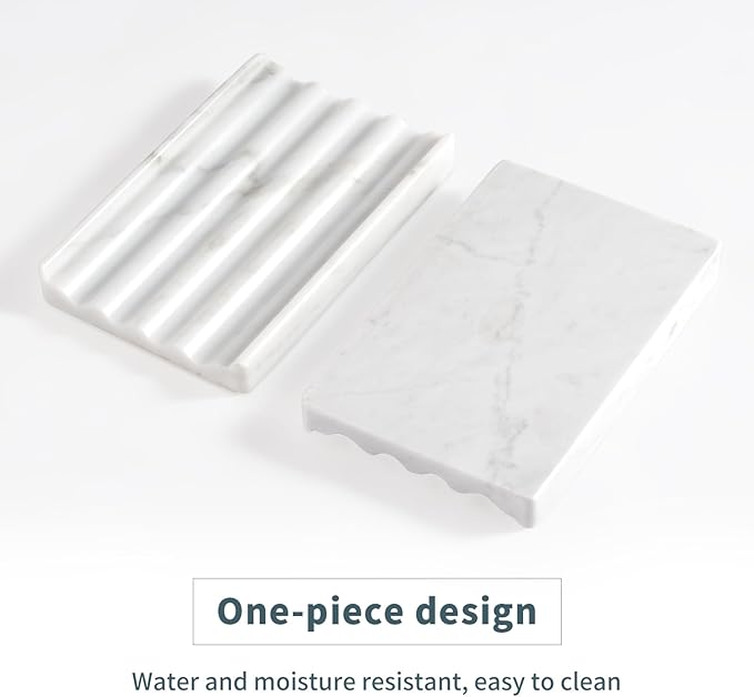 2 Pcs Soap Holder for Bathroom, Marble Soap Dish for Kitchen Countertop, Bathroom Tray with Creative Wavy Design, Soap Saver for Bath Tub, Sponges, Italian Natural Stone(Bianco Carrara)
