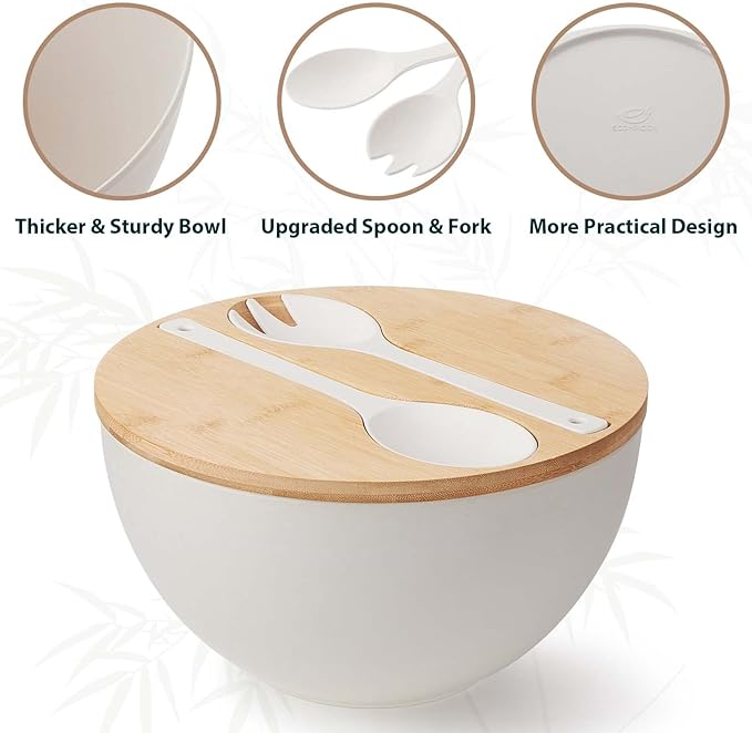 ECOHAGOU 12.6" Extra Large Salad Serving Bowl Set with Wooden Lid&Utensils, 8.4Qt. Bamboo Fiber Salad Bowl with Servers for Kitchen, Lightweight Big Bowl White for Mixing Salad,Fruit,Pasta