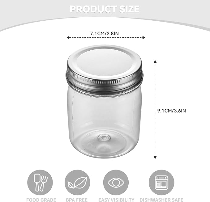 novelinks 8 oz Clear Plastic Jars with Airtight Lids, 8 Pack Plastic Mason Jars with Lids 8oz, Refillable Storage Slime Containers & Small Spice Jar for Kitchen Organization (8 Pack,Silver)