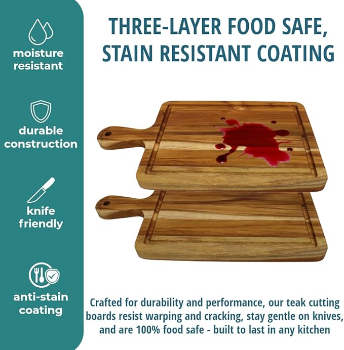 EcoDecors 15.5"x8.5" Teak Cutting Board with Handle, FSC Certified Edge Grain Wood, Small Kitchen Prep Board for Cheese & Charcuterie