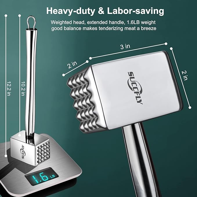 SUCCFLY Meat Tenderizer Stainless Steel, Heavy Duty Meat Hammer, Kitchen Meat Mallet 1.65LB Meat Pounder Flatterner Weighted Hammer Extended Handle for Labor-saving Chicken Steak Meat Tenderizer Tool