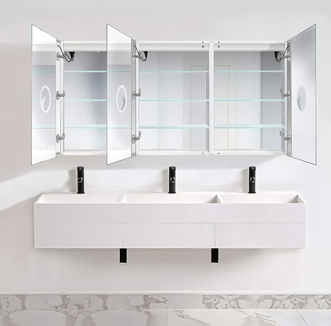 Krugg LED Medicine Cabinet 72 Inch X 36 Inch | Recessed or Surface Mount Mirror Cabinet w/Dimmer & Defogger + 3X Makeup Mirror Inside & Outlet + USB(Left Left Right)