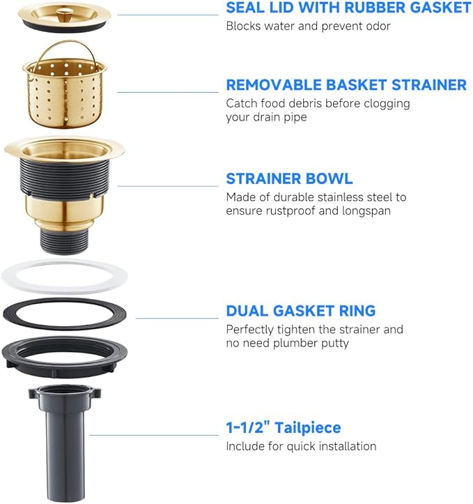 POPFLY 3-1/2 Inch Sink Drain Assembly Brushed 304 Stainless Steel Removable Deep Strainer Basket, Rust-Proof & Easy Install with Sealing Lid＆Tailpiece, for Home/Bathroom/Commercial Sinks, Gold
