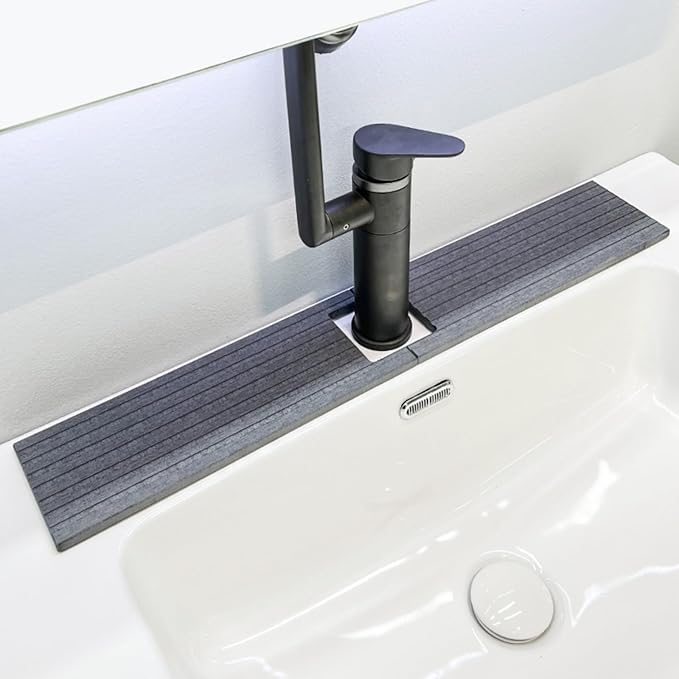 Kitchen Sink Faucet Mat, 24'' Long Diatomite Quick Drying Stone Sink Tray, Prevents Moisture Buildup, Suitable for Bathroom Kitchen Counter Top Faucet Around Splash Guard[Drak Grey, 23.6" x 3.9"]