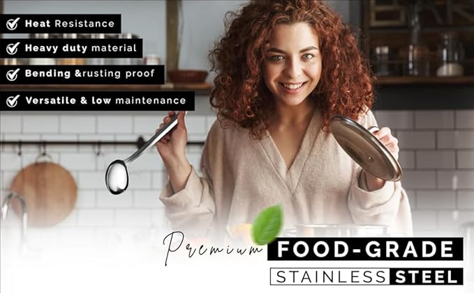9 Pcs Premium Stainless Steel Kitchen Cooking Utensils Set Metal Cooking Utensils Tools Nonstick Heat Resistant -Ladle, Slotted Spoons, Slotted Turners, Masher, Fork, Skimmer, Spaghetti Server 13"