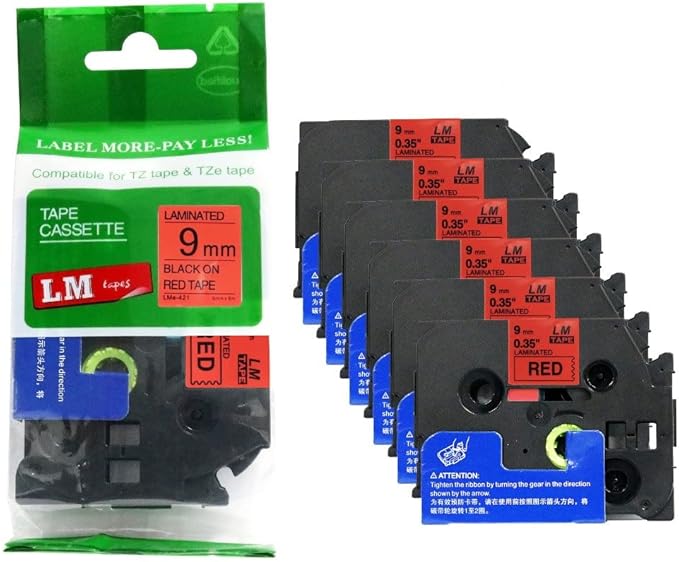 6/Pack LM Tapes - LMe-421 Premium 3/8" Black Print on Red Label Compatible with Brother TZe421 Tape and Includes Tape Color/Size Guide. Replaces TZ-421 9mm 0.35 Laminated.