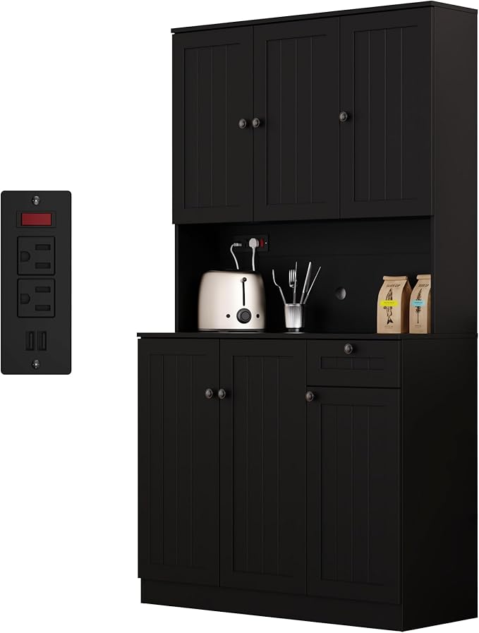 Furnify 71" Pantry Cabinet with Charging Station, Tall Kitchen Pantry Storage Cabinet with Microwave Stand, Farmhouse Kitchen Hutch with Storage Drawer for Living Room, Dining Room, Black