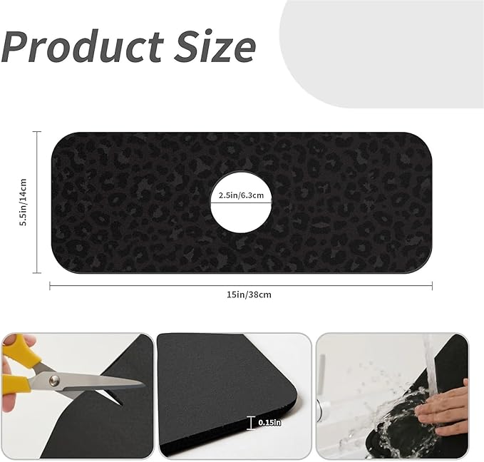 Kitchen Sink Splash Guard，Black leopard print Faucet Mat Sink Gadgets-Super Absorbent Fast Drying Mat Drip Catcher for Kitchen, Bathroom,Sink Mat, Dish Drying Mat, Bathroom(15" X 5.5" )