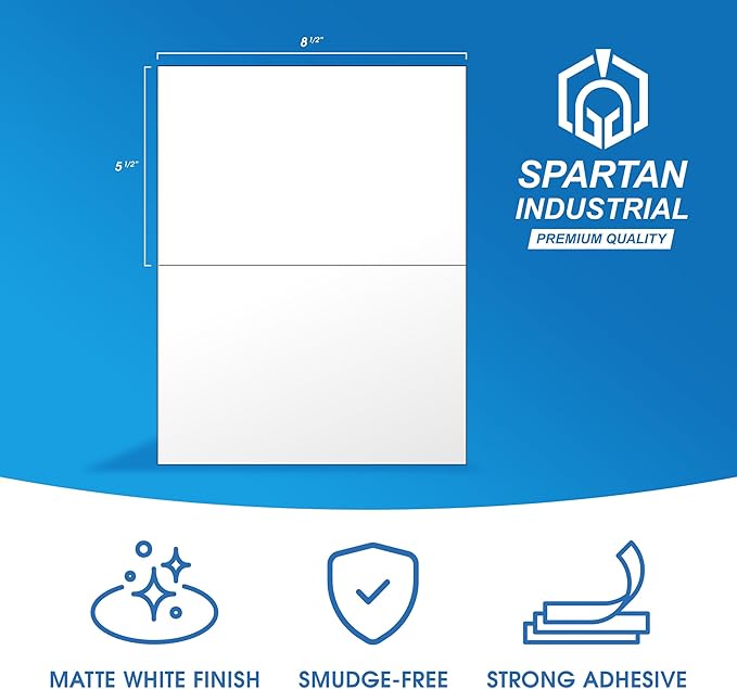 8.5" X 5.5" Printable Half-Sheet Shipping Labels for Inkjet and Laser Printers - 500 Sheets, 1000 Custom Stickers for Mailing, Packages, and Address Labels - Spartan Industrial Template R025