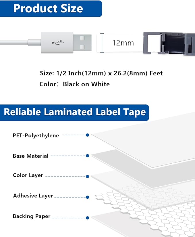 20-Pack TZe-231 Compatible for P Touch PT-D220 Label Maker Tape for TZe TZ Tape 12mm 0.47 Laminated White 1/2" Refills for Ptouch PT-H110 D210 D220 D400 D600 PTD220 D200 D610BT, Black on White